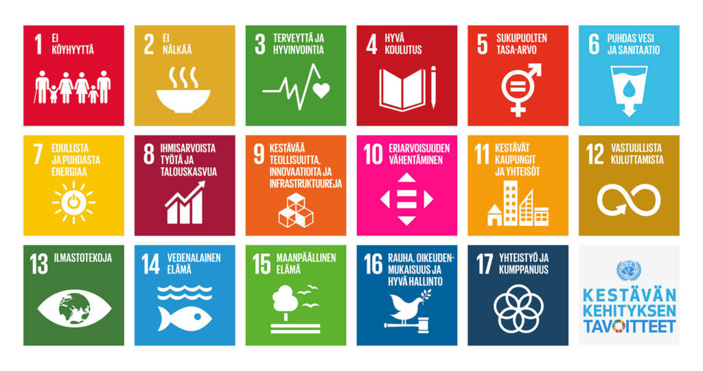 YK:n Agenda 2030 -ohjelman kestävän kehityksen 17 tavoitetta.
